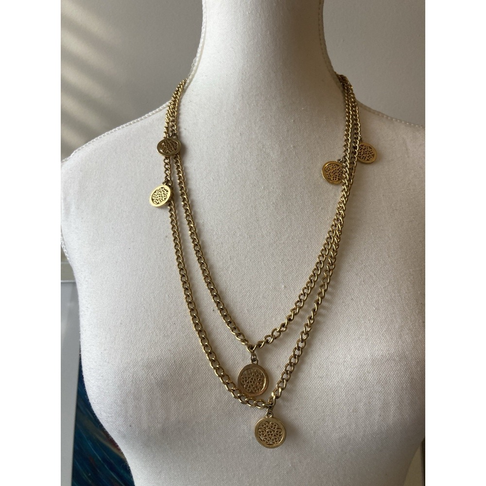 Vintage Monet Gold Tone Double Strand Necklace Chain Openwork Medallion Charm